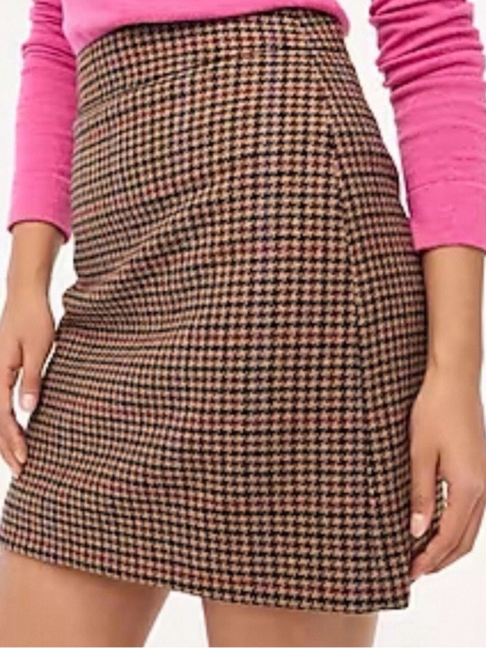 J. Crew Houndstooth Pencil Skirt in Black and Brown with Pink Accent